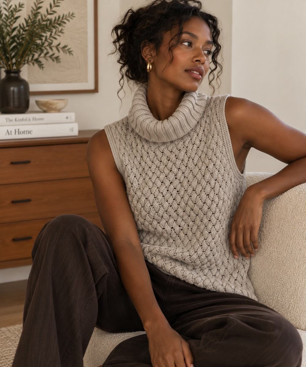 Vintage Linen Cotton Open Knit Turtleneck Sweater Vest Gray Large ✨